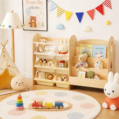 Natural Wood Toy Storage Rack, Stylish Large Capacity Easy Assembly Toy Box, Picture Book Shelf, Book Rack, Compact, Large Capacity