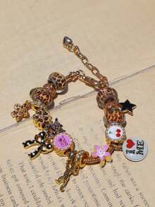 1pc Leopard Print Cherry Blossom Bow Polka Dot Charm Bracelet, Love Yourself Slogan Bracelet, Leopard Heart Music Festival Bracelet - Gold - View 7