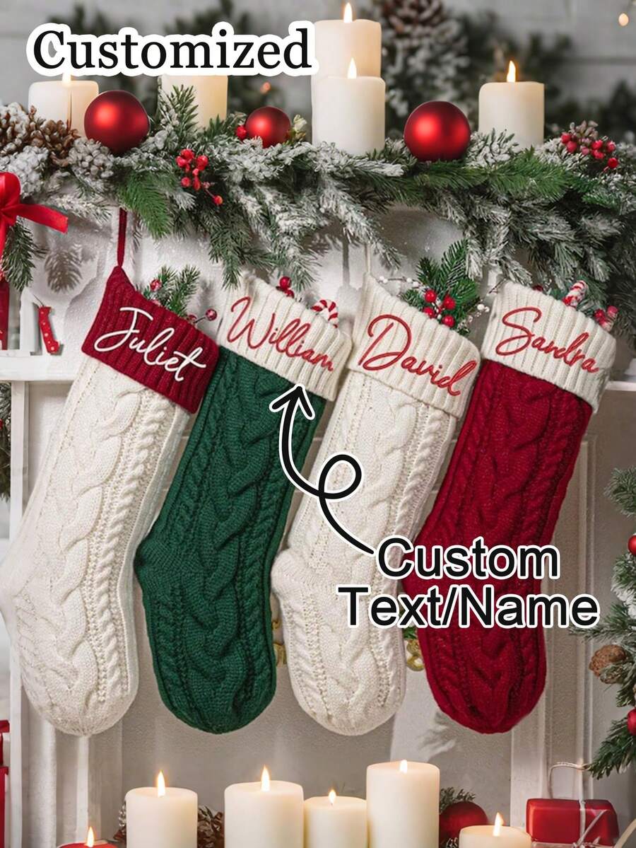 Customized Personalized Christmas Socks, Red And White Color Block Christmas Socks, Customizable Christmas Socks (Can Print Name And Personalized Text), Christmas Gifts, Holiday Decorations, Customized Christmas Tree Ornaments, Single Christmas Sock, Christmas Gifts, Advent Calendar, Christmas Decorations - Multicolor - View 1