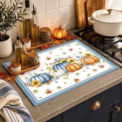1pc Thanksgiving Pumpkin Pattern Absorbent Drying Mat, Kitchen Decor Coffee Machine Mat, Laundry Room Accessory Handmade Coffee Pot Drip Tray, Kitchen Floor Mat, Dining Table Mat, Kitchen Countertop Dish Drying Mat, Breakfast Mat, Heat-Resistant Drip Tray With Non-Slip Pad, Diatomaceous Earth Drip Tray, Stain-Hiding, Super Absorbent Kitchen Drip Tray, Easy To Clean Dish Rack Mat, Perfect For Kitchen, Dining Table, Coffee Shop, Bar, Holiday, Party, Home Decor, Holiday Gift