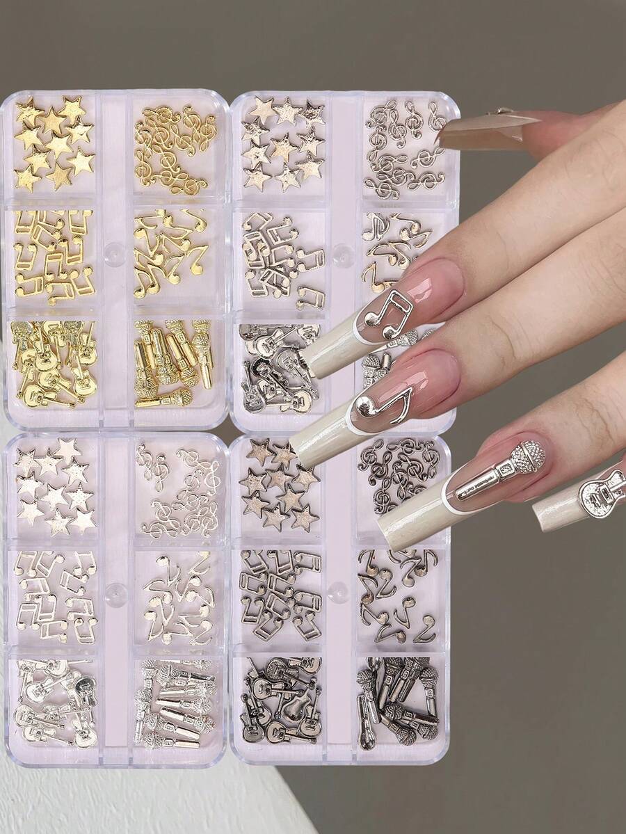 6-Grid Box Music Theme Nail Art Metal Charms Musical Notes Microphone Guitar Star Multi-Style Gold & Silver Box DIY Wearable Nail Decoration Accessories - Multicolor - View 1
