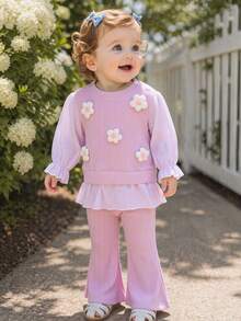 Baby Girls 2pcs Casual Set With 3D Floral Ribbed Flare Pants - Pink - View 5
