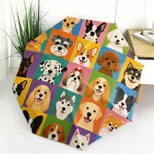 1pc Cute Dog Folding Umbrella - Multi-Grid Cartoon Pet Pattern Design, Featuring Various Adorable Dog Images, 2D Flat Print Folding Umbrella, Choice Of Internal Or External Print, Fashionable And Eye-Catching, Suitable For Daily Commute, Outdoor Activities And Various Gift Occasions!
