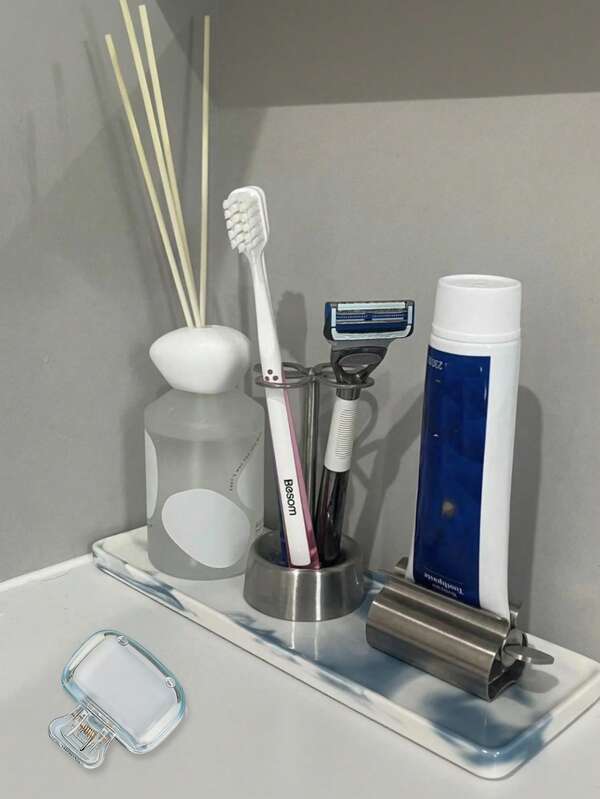 Minimalist Toothbrush Holder And Toothpaste Squeezer, Perfect For Bathroom Storage Of Toothbrushes And Toothpaste, Ins-Style Facial Cleanser Squeezer, Toothpaste Squeezer Suitable For Various Toothbrush Sizes, Equipped With Transparent Toothbrush Cap, Multi-Functional Bathroom Storage Rack, Or For Organizing Pencils In Workspace, Electric Toothbrush Holder, High-End Bathroom Sink Toothpaste And Dental Care Storage Base, With Storage Shelf, Bathroom Aesthetics Cute Bathroom Accessories, Travel, Daily Use, Suitable For Home And Travel Use, Applicable To Washbasin Countertop, Dorm Storage, Back To School Season, Back To School Gift