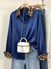 Women's Autumn Patchwork Leopard Print Satin Blouse - Navy Blue - View 2