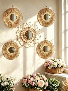 1Pc/2pcs Boho Handwoven Rattan Sunflower Round Wall Mirror,Rattan Woven Bamboo Glass Wall Mirror,Easy Install All Season,Floral Rattan Bathroom Vanity Mirror,Perfect Birthday Christmas & Mother's Day Gift-For Home Decor,Bedroom Decor,Wall Decor - Multicolor - View 10