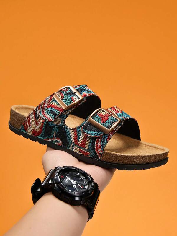 Unisex Summer Casual Cork Sole Adjustable Hook & Loop Couple Sandals, Suitable For Home Leisure, Beach Vacation, Street Fashion, Outdoor Camping, Commuting And Shopping