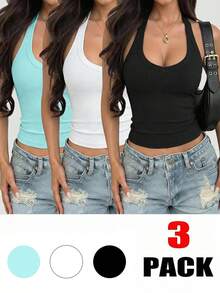 3pcs Women's Casual Sexy Versatile Ribbed Spaghetti Strap Camisole Set, Spring/Summer - Black, White and Pink - View 5