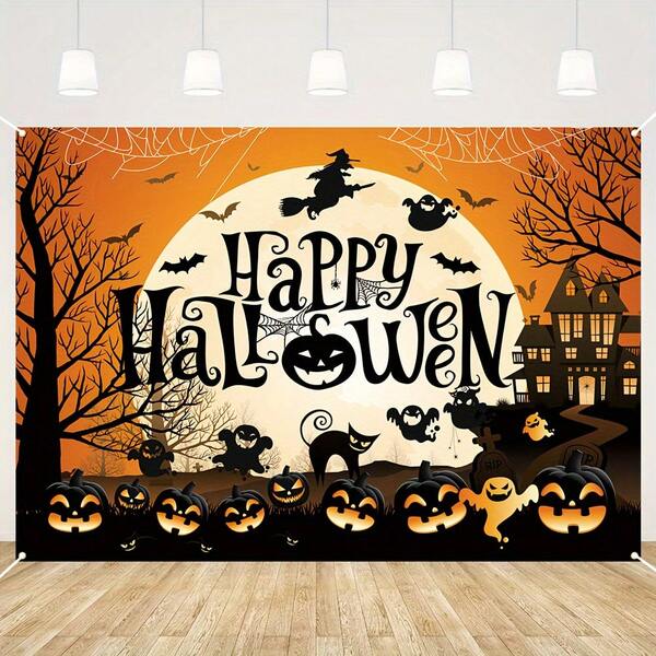 1pc Halloween Polyester Wall Tapestry Featuring Pumpkin And Witch Designs; Suitable For Indoor/Outdoor Hanging, Versatile Room Or Garden Decor, And Perfect For Festive Celebrations.