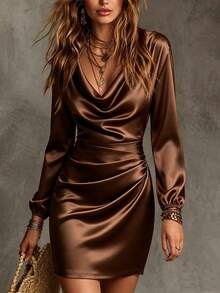 Elegant French Style Solid Color Retro Party Dress For Women, Asymmetrical Design, Sophisticated Party Dress - Rust Brown - View 4
