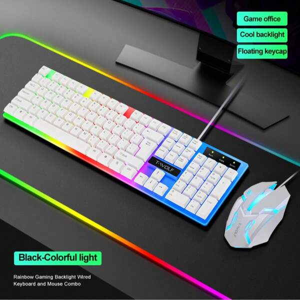 TF230 Conjunto de Teclado & Ratón Iluminado con Cable Teclado Gaming Ratón Iluminado de 3 Botones con Cable Teclado de Oficina de Negocios de 104 Teclas