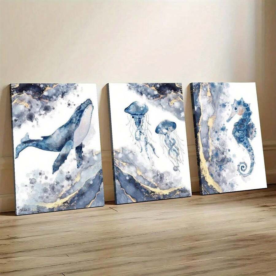 3 pièces Décoration murale nautique sans cadre, impressions d'art moderne, vie marine océanique baleine méduse hippocampe, art mural sur canevas, peinture murale artistique pour cadeau, décoration de chambre, décoration de maison et de dortoir - A - Voir 1