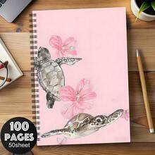 1 Spiral Bound Notebook, Printed With Watercolor Turtle And Hibiscus Flower Pattern, Pink Floral Ocean Style, A5 Lined Pages; Ideal For School/Office Supplies, Also A Great Gift For Marine Life Enthusiasts. - Ocean Series - View 5