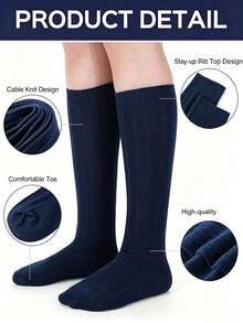 6/1 Pair Cable Knit High Tube Socks, Unisex Kids Seamless Uniform Dress Socks, Suitable For Autumn/Winter Daily Wear, Back To School, White, Navy Blue - Multicolor - View 4