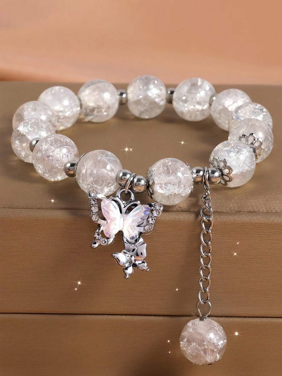 1 pieza Brazalete de cristal natural con piedra de luna gris minimalista, accesorio versátil y elegante adecuado para niñas - Blanco - Ver 1