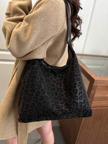 Vintage Leopard Print Tote Bag, Large Capacity Design, Durable & Scratch-Resistant, Shoulder Bag For Commuting, Versatile For Daily Outings - Black - View 4