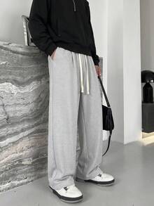 Men's Straight Leg Casual Pants, Drawstring Elastic Waist Solid Color Loose Sweatpants With Pockets, Long Pants - Light Grey - View 5