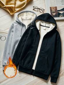Women's Thick Fleece Lined Hooded Zip-Up Sweatshirt, Solid Black Minimalist Casual Versatile Winter Jacket - Black - View 7
