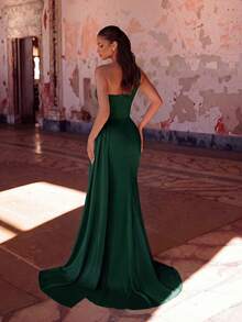 ADYCE One Shoulder Pleated Waist Slit Long Dress, Front Draped Design, Backless Style, Suitable For Prom, Elegant Formal Dinner, Ball, Wedding - Dark Green - View 2
