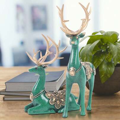 HOHOBLA 2Pcs Deer Figurines Reindeer Sculptures, Christmas Deer Decoration Resin Elk Statue, Modern Desktop Decor For Living Room Decors TV Stand Sill Wedding (Green)