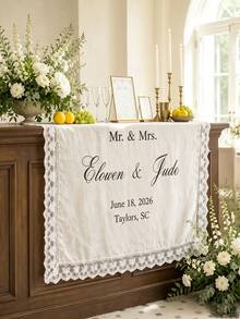 Personalized Linen Table Runner With Floral Lace Trim, Handmade Custom Wedding Banner, Rustic Wedding Table Centerpiece Decor - Multicolor - View 8