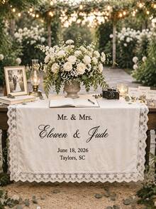 Personalized Linen Table Runner With Floral Lace Trim, Handmade Custom Wedding Banner, Rustic Wedding Table Centerpiece Decor - Multicolor - View 3