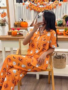 2PCS Halloween Cartoon Pumpkin And Ghost Print Short Sleeve Top And Long Pants Pajama Set, Comfortable And Cute Halloween Party Home Wear Set For Autumn/Winter - Orange - View 3