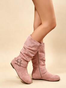 Women's Ruched Mid-Calf Boots With Strap Buckle Side Zipper Flat Heel Round Toe Elegant Versatile Comfortable Vacation Commute Daily Fashion Boots - Pink - View 5