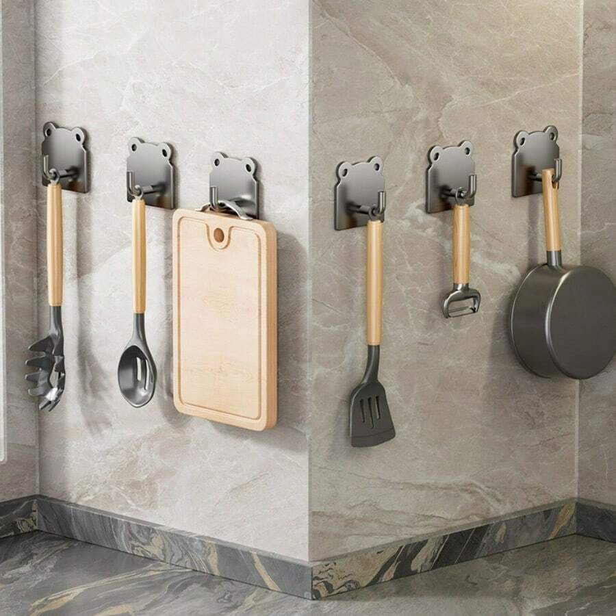 3pcs No-Drill Stainless Steel Adhesive Hooks, Strong Sticky Wall Mount Single Hooks For Bathroom, Kitchen, Multi-Functional Decor Hanging Rack - Multicolor - View 1