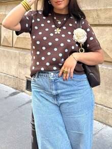 Polka Dot Pattern Short Sleeve Knit Top - Brown - View 6