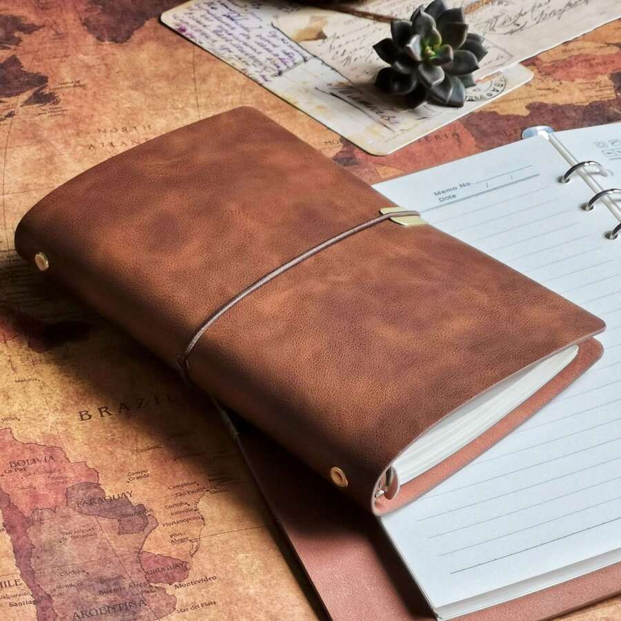 A5 Vintage Loose-Leaf Notebook Binder, Leather Textured Cover Journal With Elastic Band, 6-Ring Planner With Lined Pages, Retro Diary Organizer, Suitable For Writing, Note-Taking, Office, Study And Travel, Daily Planning Gift Journal, Back To School Supplies - Multicolor - View 1