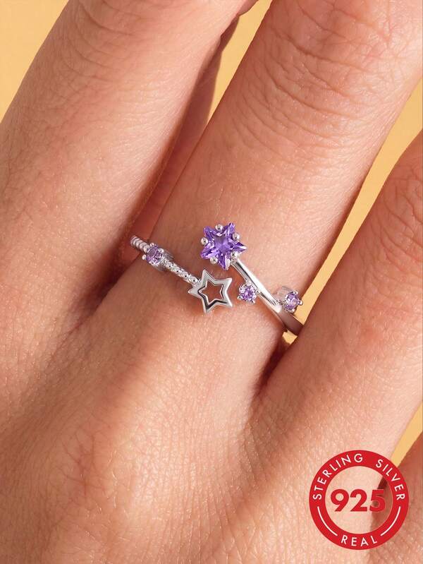 1 pieza Anillo abierto de doble capa con estrella de plata de ley S925, estilo romántico y soñador, estilo artístico coreano Ins, elegante, lujoso, dulce y lindo, diseño de nicho de cielo estrellado, accesorio de moda versátil para uso diario, citas, fiestas, regalo del Día de San Valentín