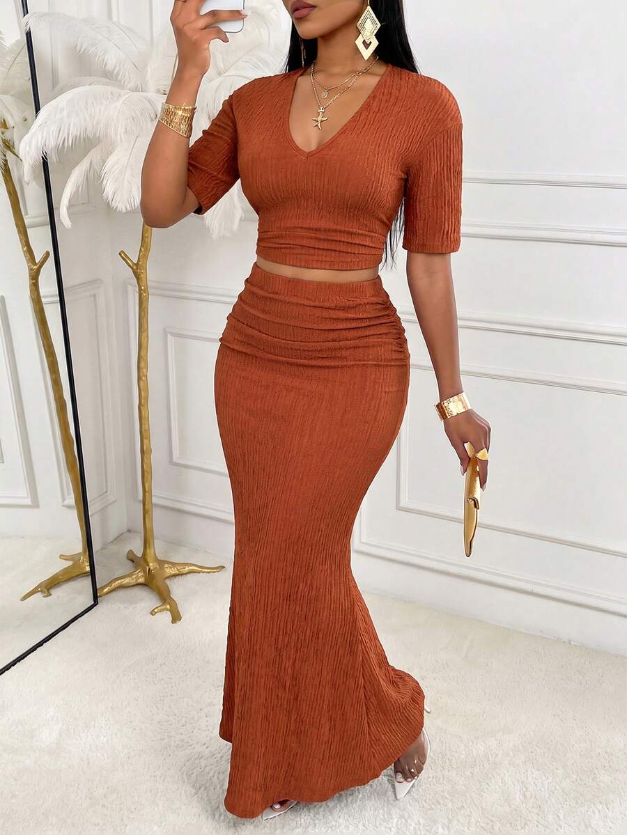 AIJ Women Textured Matching Two Pieces Outfit V Neck Short Sleeve Ruched Crop Top Ruched High Waist Mermaid Hem Maxi Skirt Casual Fall Wear Elegant Summer - Rust Brown - View 1