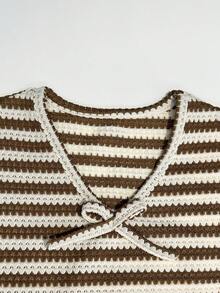 Lurzo Girls' Autumn/Winter Casual Colorblock Striped Bow V-Neck Flared Sleeve Crop Top, Unique Soft Striped Fabric, Suitable For Daily School And Gatherings - Brown - View 5