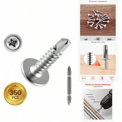 Tornillos para madera autoperforantes #8, 3/4 de pulgada de largo, 350 piezas, tornillos de cabeza truss para madera, tornillo autoperforante de metal de accionamiento rápido, acero inoxidable y rosca completa, incluye punta de destornillador, color plateado