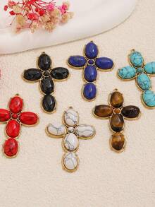 1 Pc 304 Stainless Steel 18K Gold Plated Natural Stone Cross Charm Multi Color Boho Cross Pendant DIY Necklace Jewelry Making Supplies - Cross - View 4