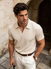 Men's Summer Old Money Style Fashion Casual Corduroy Fabric Polo Shirt With Turn-Down Collar And V-Neck, Suitable For Daily Commute And Travel - Apricot - View 3