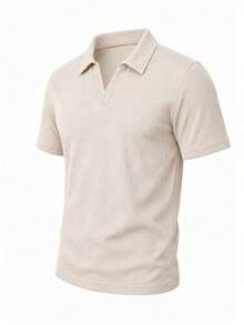 Men's Summer Old Money Style Fashion Casual Corduroy Fabric Polo Shirt With Turn-Down Collar And V-Neck, Suitable For Daily Commute And Travel - Apricot - View 10