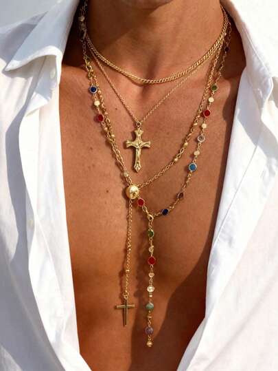 4 piezas Collar de cadena en forma de Y de varias capas apilables con colgante de cruz y retrato de estilo bohemio minimalista de negocios colorido con strass para hombres, vacaciones en la playa, citas, uso diario, regalo versátil para novio, amigo, padre (color de strass aleatorio)