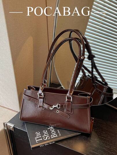 Vintage Oil Wax Leather Baguette Underarm Bag For Women, Motorcycle Belt Buckle Handheld Small Square Bag, Daily Versatile Commute Shoulder Bag