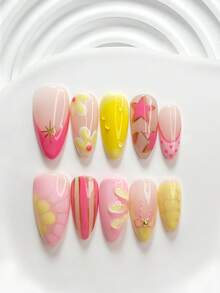 10片裝可愛韓系手工穿戴甲 Polygel 美甲套組，水滴設計，粉色與黃色指甲油，清新俏皮風，含美甲工具，3種尺寸可選：方形、短方形、杏仁形，適合派對、跳舞、日常配戴 - 彩色 - 查看 18