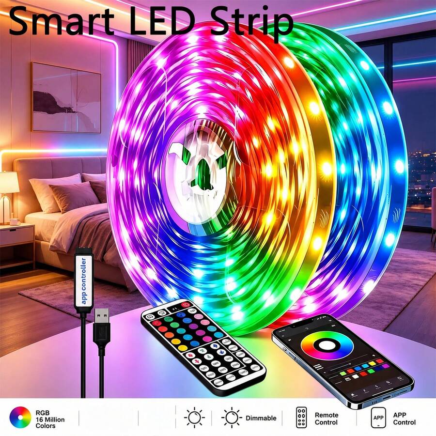شريط إضاءة LED RGB بطول 100 قدم إضافي، إضاءة غرفة نوم ذكية مع جهاز تحكم عن بعد ب- 44 مفتاح وطاقة USB، مناسب لغرفة النوم وغرفة المعيشة والمطبخ والحفلات والزفاف وديكور المنزل وديكور غرفة الألعاب وزينة الهالوين والكريسماس