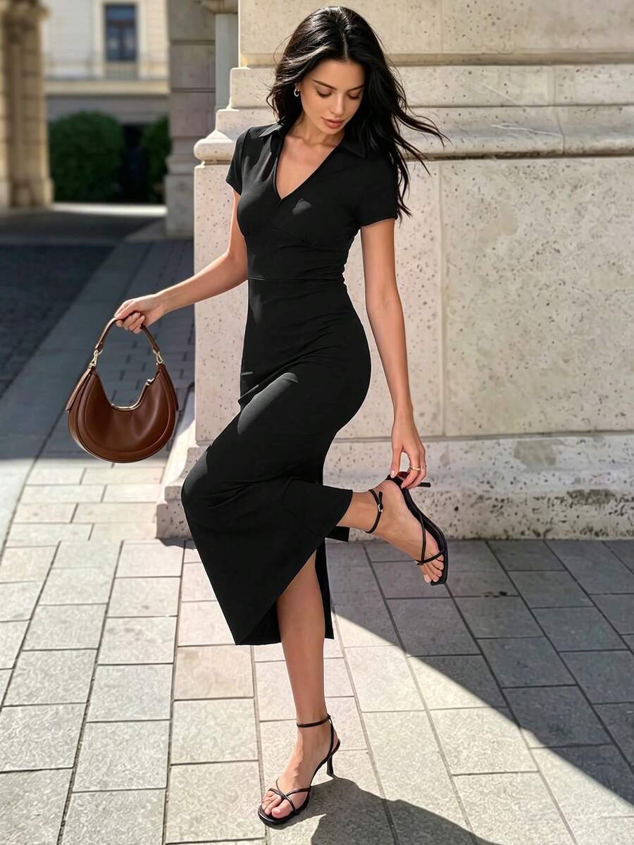 minisummer 女款秋季優雅黑色 Polo 領修身中長洋裝,V 領短袖後開衩休閒外出穿搭 - 黑色 - 查看 1