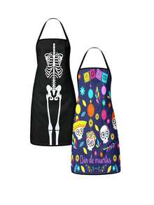 4Pcs/1pcDay Of The Dead Print Apron, Sugar Skull Skeleton Pattern Kitchen Apron For Cooking Baking Halloween PartySkeleton Apron For Halloween, White Human Skeleton Bones Print Black Kitchen Apron - Multicolor - View 5