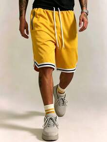 Men's Loose Fit Basketball Shorts, Elastic Drawstring Waist, Zipper Pockets, Striped Hem, Breathable Fitness Training Casual Sports Knee Length Shorts - Yellow - View 10