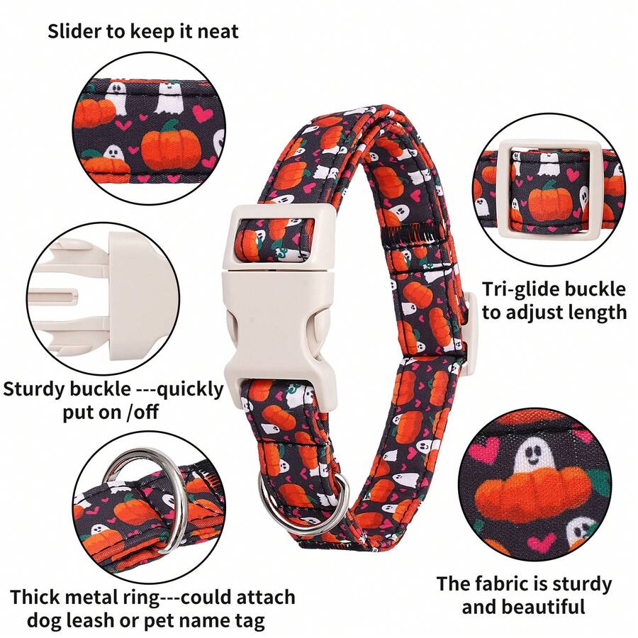 Daily Walking Polyester Adjustable Dog Collar Small Medium Large Dogs, Black Pumpkin Ghost Heart Halloween Print Collar, Reliable Quick Buckle & Rustproof D Ring, Chic Holiday Collar For Indoor Costume Parties & Outdoor Fall Pet Activities - Black - View 1
