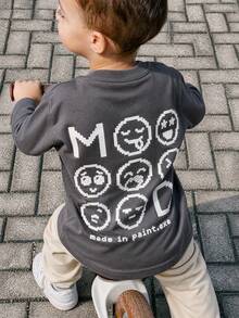1pc Boys Vintage Pixel MOOD Computer Meme Charcoal Grey Long Sleeve T-Shirt, Retro Digital Loose Base Layer Top For Kids, Spring/Autumn - Dark Grey - View 1