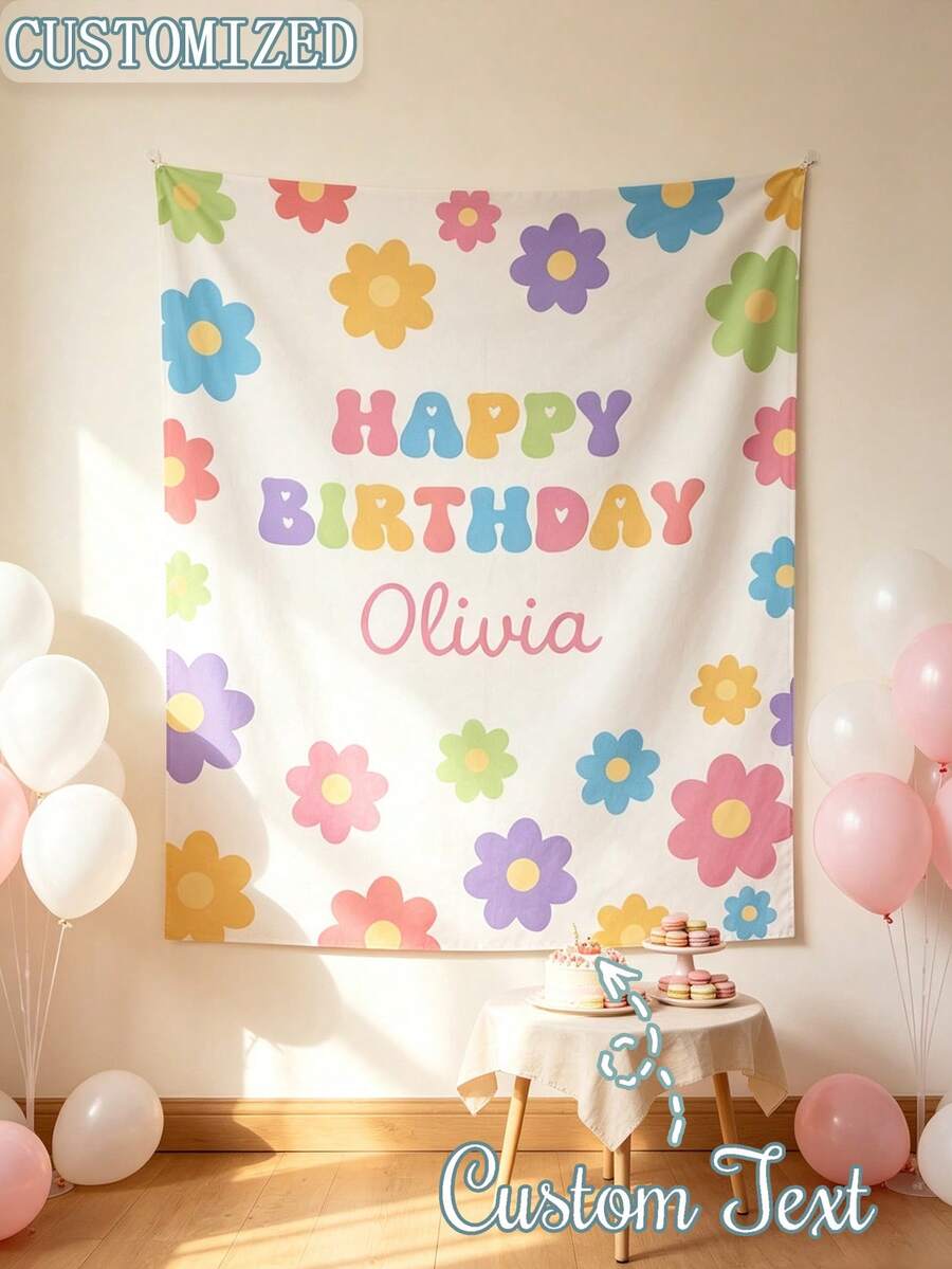 Bohemian Floral Customized Birthday Banner, Customized Name Printed Soft Fabric Wall Hanging, Suitable For Birthday Party Decoration, Yard Gathering, Wall Aesthetic Decor