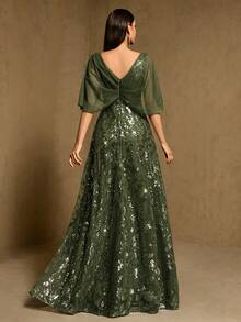 XUCTHHC Elegant Party High-Quality Sequin V-Neck Ruffle Sleeve A-Line Formal Ball Gown, Evening Dress, Wedding Guest, Graduation, Holiday, Autumn/Winter - Olive Green - View 5