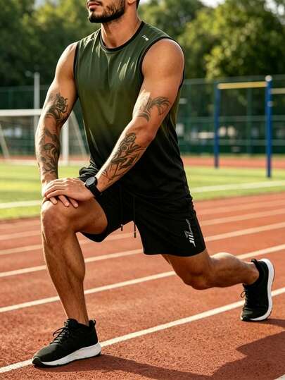 Men's Fitness Gradient Sleeveless Tank Top With Side Design Print And Shorts 2 Pieces Set Sports